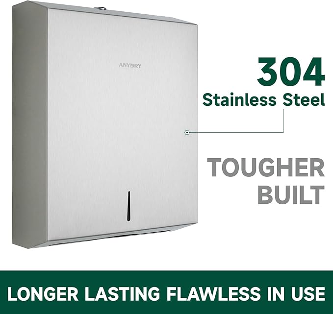Commercial Paper Towel Dispenser Wall Mount 400-Sheet Capacity Brushed Stainless Steel Lockable Fits Multifold/Z-Fold Towels (Folded Size ≤ 10.6" x 3.9")