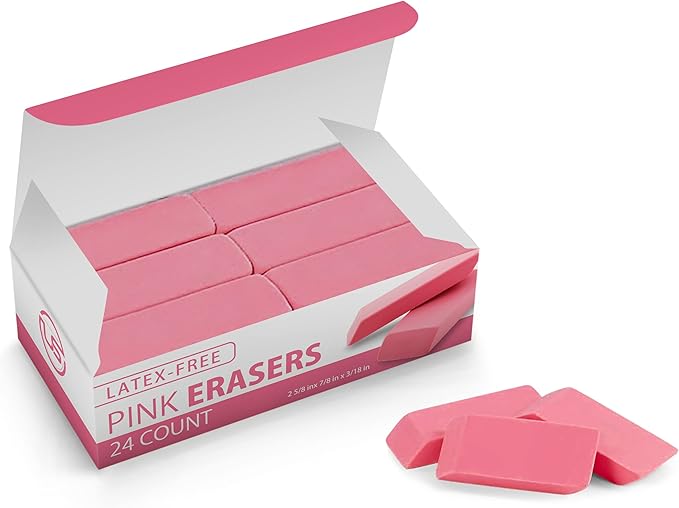 Pink Erasers, Erasers for Kids, Rubber Eraser, 24 Count, Erasers Bulk for School Supplies, Art, and Office Use