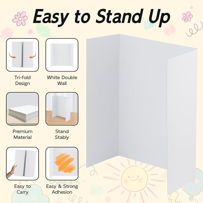 4 Pack Trifold Poster Board, 16x24 Inches White Presentation Board, Portable Display Board for Science Fair, School DIY Project and Business Exhibitions