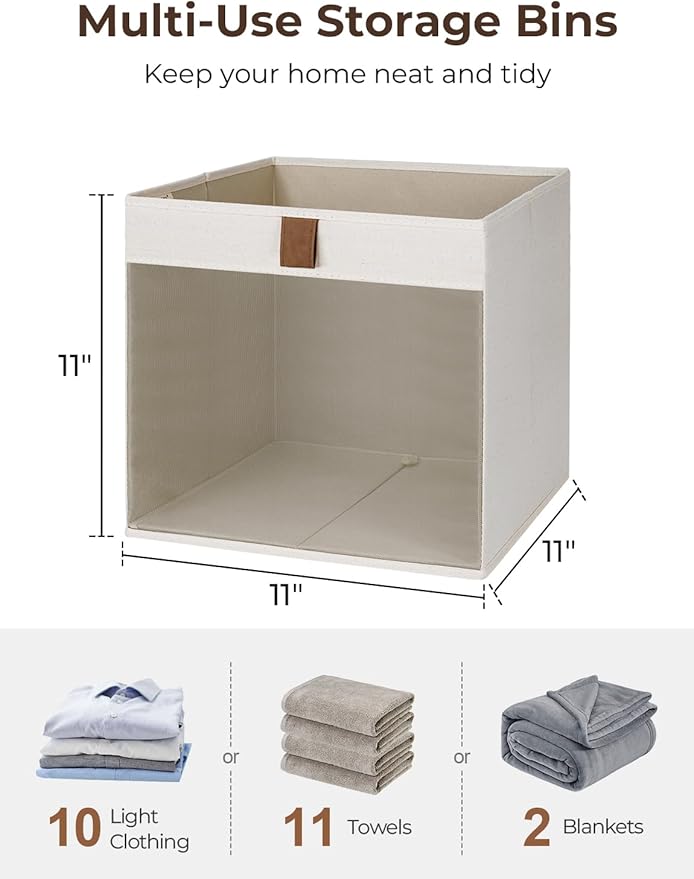 StorageWorks 11x11 Storage Cubes, Closet Storage Bins with Clear Window, Fabric Organizer for Clothes, Collapsible Storage Baskets with PU Handles, Beige, 3-Pack