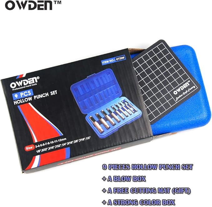 9 Pieces Hollow Punch Set (1/8"-1/2") with A Free Cutting MAT, Leather Hole Punch Set