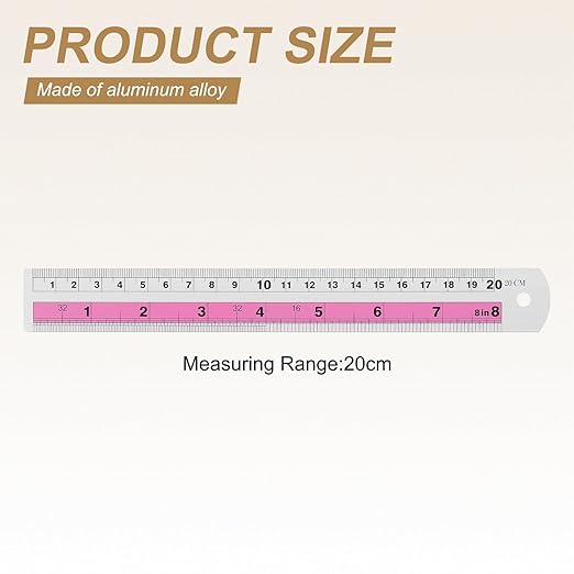 HARFINGTON 4pcs Metal Straight Ruler 20cm Metric SAE Aluminum Alloy Measuring Rulers Scale Tools with Hole for Measure Study Reading Classroom Office, Pink