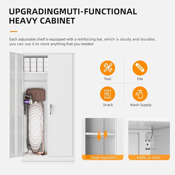 INTERGREAT Metal Storage Cabinet,Armoire Wardrobe Closet with 4 Adjustable Shelves and Hanging Rod,Metal Wardrobe Cabinet with Lockable Doors for Home Office,Warehouse,Garage,White