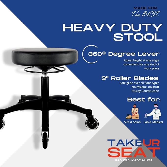 TAKE UR SEAT® 15" Table Height Adjustable Round Seat Stool Heavy Duty Built and Shipped Within 24 Hours, Spa, Medical, Lab, Black (Rubber Caster)