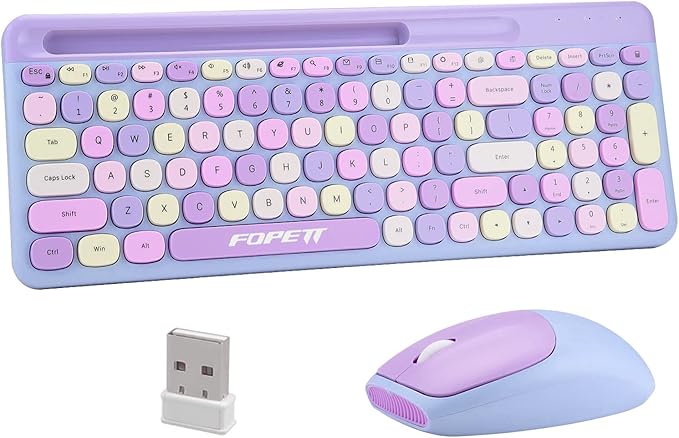FOPETT Wireless Keyboard and Mouse Combo, 100 Keys Full-Sized 2.4 GHz Round Keycap Colorful Keyboards, USB Receiver Plug and Play, for Windows, Mac, PC, Laptop, Desktop (Purplecolorful)