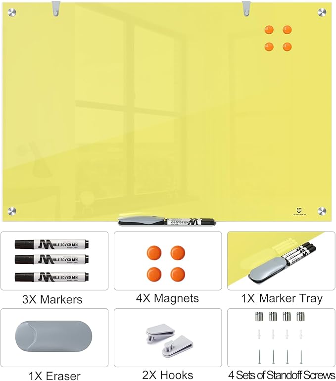 TSJ OFFICE Glass Dry-Erase Board - 36 x 24 Inches Wall Mounted Magnetic Whiteboard, Large Frameless Glass White Board for Office, Home & School, Yellow