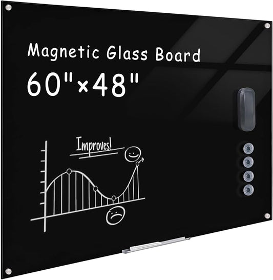 Magnetic Glass Whiteboard，60"x48" Wall Mounted Frameless Dry Erase Board for Office, Home & School Black
