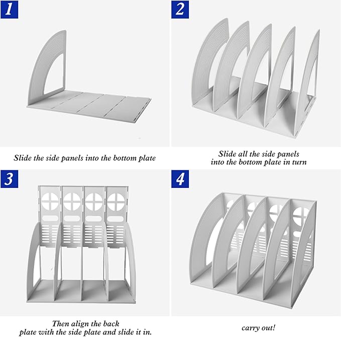 SAYEEC File Holder Storage Folder 4 Compartment Standing Desktop Hollow Organizer Files Shelf Plastic Notebook Magazine for Office School Home Supplier Students (Random Light Gray OR Blue)