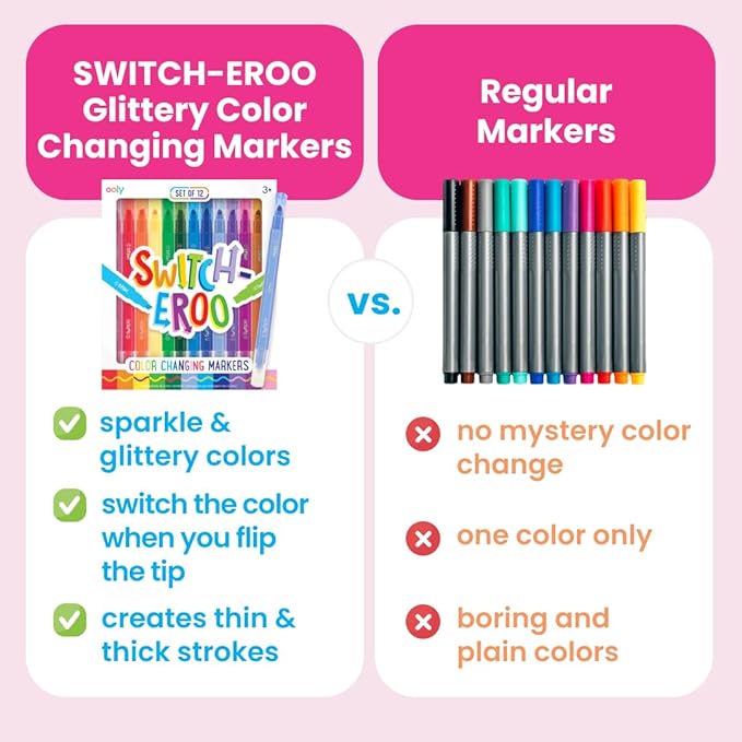 Ooly 12 Pack Sparkle Switch-eroo Color Changing Markers, Double Ended Chisel Tip Color Change Markers for Art Back to School Supplies, Drawing and Stationery Sets