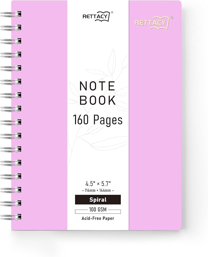 RETTACY Pocket Journal Notebook, 160 Lined Pages, A6 Mini Small Size (4.5" × 5.7"), for Work, Journaling, Writing, 100 GSM Thick Paper, Spiral-bound, Flexible Plastic Cover (Lilac)