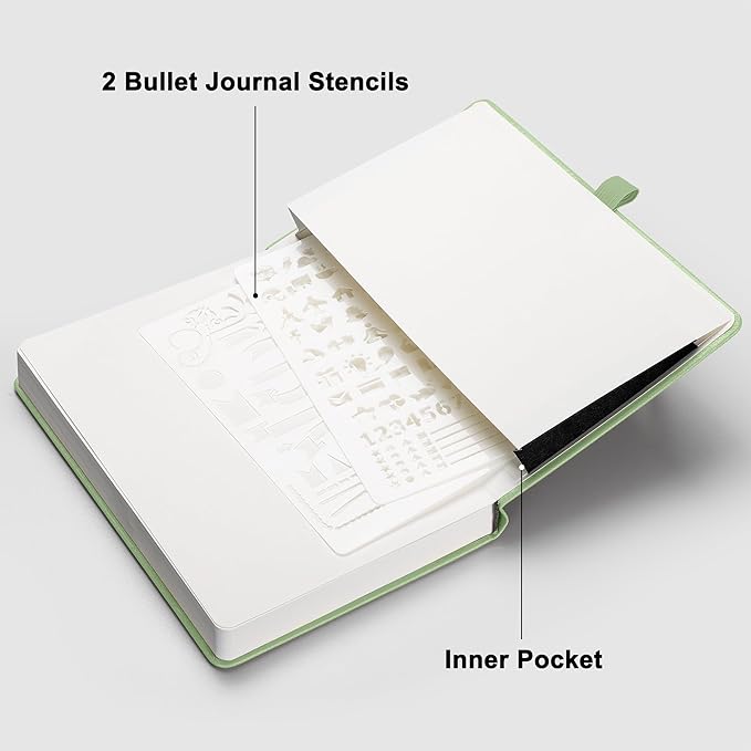RETTACY Bullet Dotted Journal Notebook, 192 Pages, A5 Medium Size (5.7'' x 8.3''), Leather Hardcover, 100 GSM Thick Paper, for Bullet Journaling, Planning, Tracking (Light Green)