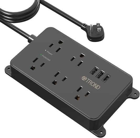TROND Surge Protector Power Strip with USB, 10ft Extension Cord, ETL Listed, 5 Widely-Spaced Outlets with 3 USB Ports, 1300J, Low-Profile Flat Plug, Wall Mountable, 14AWG Heavy Duty, Black