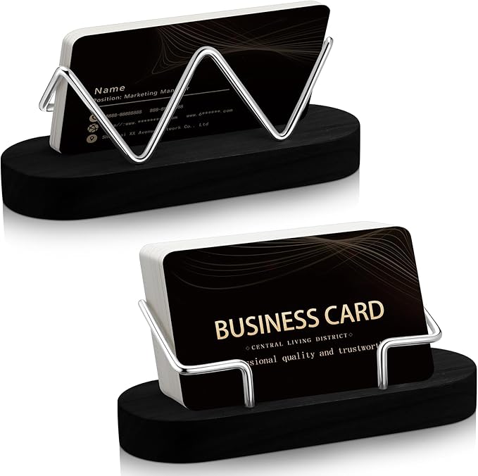 Amyhill 2 Pieces Wood Business Card Holder for Desk Wooden Business Card Display Stand Postcard Holder for Office Home Desktop (Black)