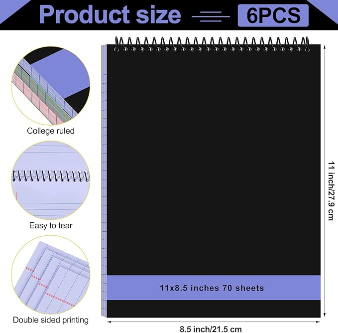 6 Pcs Legal Pad Top Spiral Bound Notebook 70 Sheets Wirebound Notepad Double Sided Ruled Memo Steno Book with Stiff Back Cover for Business(8.5 x 11 Inches,No Holes,Morandi Color)