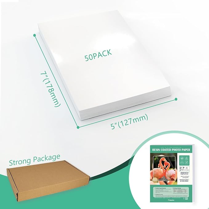 Ultra-Premium Glossy RC Photo Paper, Professional and Heavyweight Metallic Resin Coated Photo Paper, Pigment and Dye Inkjet Printer Suitable, Waterproof, 5x7, 50 Pack