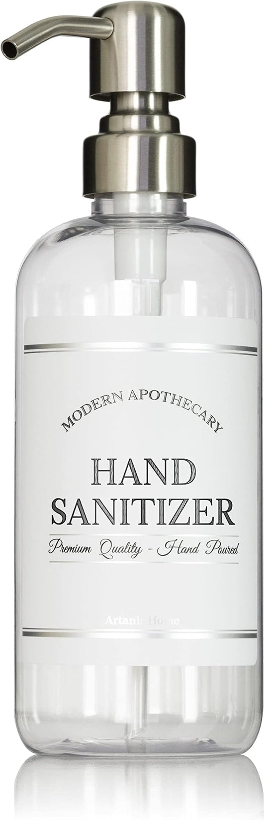 Refillable Clear PET Plastic 16 oz Empty Hand Sanitizer Bottle with Stainless Steel Pump Dispenser - Chrome Accent Waterproof Labeled Bottle