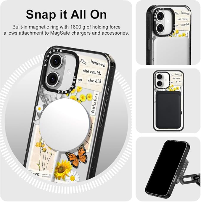 MOSNOVO Magnetic Case for iPhone 16, 10ft Military-Grade Protection, Compatible with Magsafe, Shockproof Phone Case for iPhone 16 - Vintage Collage Art - Clear Black