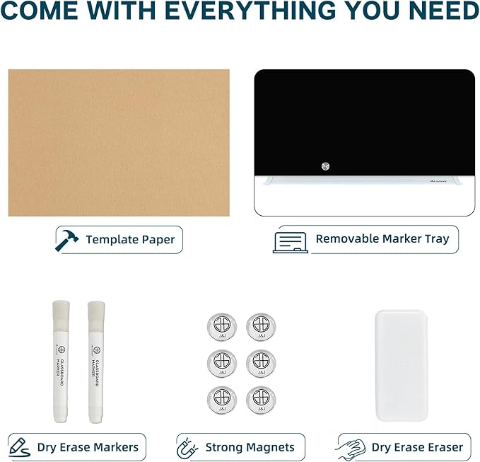 J&J worldwide Glass Whiteboard 6' x 4', Magnetic Black Glass Dry Erase Board, Black White Board Frameless, Includes Markers, Magnets, Marker Tray, Eraser for Wall, Office, Home, School