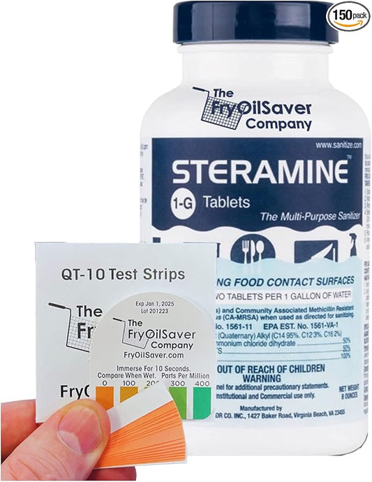 Steramine Sanitizer Tablet w/ 15x QT-10 Test Strips, Multi Purpose Sanitizing Tablet for Food Contact Surface, Kitchen, Restaurant, Steramine Sanitizer Tab for Food Service by FryOilSaver(150 Tablets)