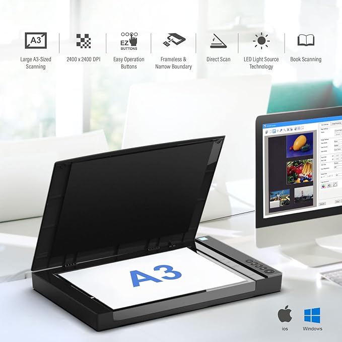 VIISAN VF3240 Large Format Flatbed Scanner, A3 Size, 2400 DPI, CIS Sensor, Scan 297 × 420 mm / 11.7" x 16.7" in 4 sec, Frameless, Auto-Scan, Document & Photo & Book Scanner, Supports Windows & Mac