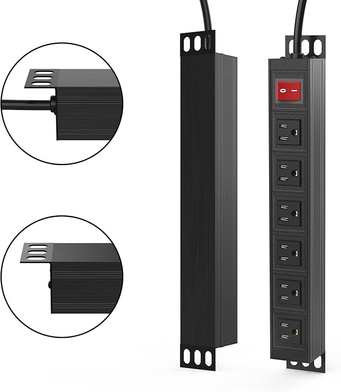 BTU 6 Outlet Power Strip, Metal Mountable Power Strip Surge Protector, Heavy Duty Wall Mount Power Outlet for Commercial, Industrial, Workshop, 6FT Power Cord, 15A/125V 1875W (Black 6FT)
