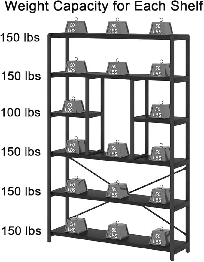 LVB 6 Tier Tall Black Bookshelf, Modern Large Wide Book Rack Storage, Industrial Wood Metal Etagere 6 Shelf Bookcase, Farmhouse Open Display Book Shelf Organizer for Bedroom Living Room Office, Black