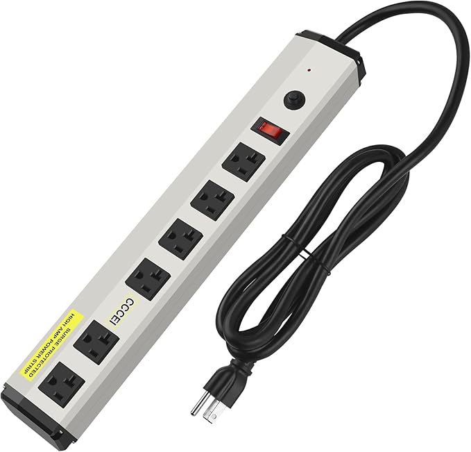 CCCEI Heavy Duty Power Strip Surge Protector 20 Amp, High Amp Industrial Shop Garage Metal Multiple Outlets, 4 FT 12 Gauge 5-15P Extension Cord 6 Outlet 6-20R T-Slot 20a for Appliance.