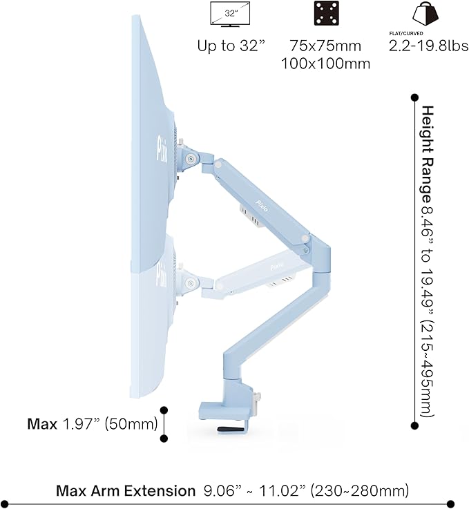 Pixio PS1S Wave Blue Single Monitor Arm Stand Desk Mount - Fits up to 32 inches Monitors and up to 19.8lbs. VESA Compatibility and Integrated Cable Management