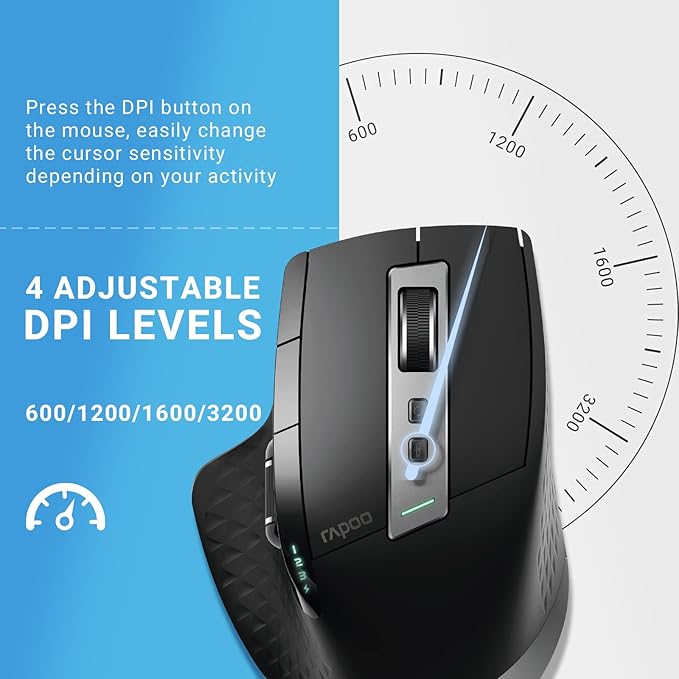 Rapoo Bluetooth Wireless Mouse, 4 Adjustable DPI Rechargeable, Multi-Device (3 Bluetooth+USB) Programmable Ergonomic Mouse with Side Roller, Laser Mouse for Laptop Desktop PC