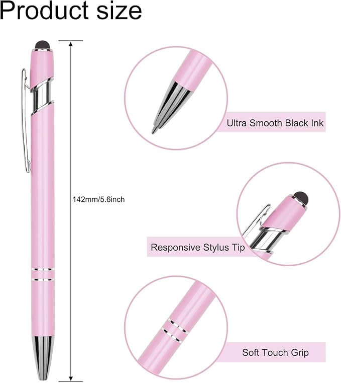 Ballpoint Pen Metal Soft Stylus Pen for Touch Screens，Retractable Tactile Turn Pen，Bulk Pens for Gifts Office Essentials，Medium Point，Black Ink (5 Pink)