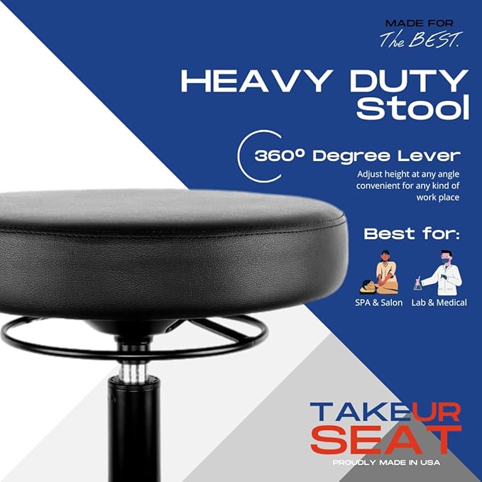 TAKE UR SEAT® 15" Table Height Adjustable Round Seat Stool Heavy Duty Built and Shipped Within 24 Hours, Spa, Medical, Lab, Black (Self-Braking Caster)
