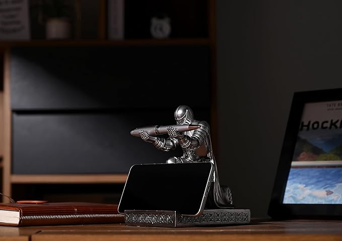 Windbreaker Soldier Knight Pen Holder Personalized Desk Accessory, Mobile Phone & Gaming Controller Holder, Device Stand Gift for Medieval Enthusiasts (Silver)