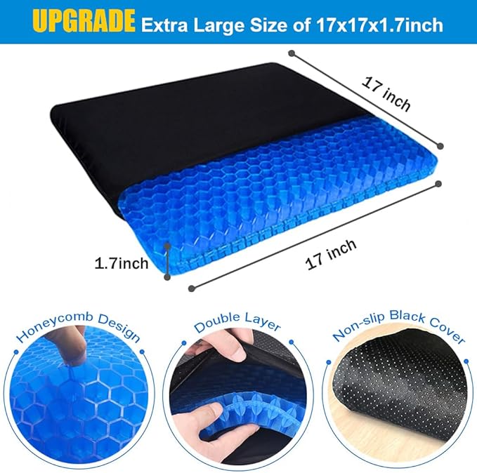 Extra Large Gel Seat Cushion, 17x17inch Double Thick Egg Gel Cushion for Pressure Pain Relief, Breathable Wheelchair Cushion Chair Pads for Car Seat Office Chair (Blue)