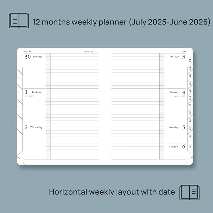POPRUN Planner 2025-2026 (Medium 6.75''x 8.75''), Horizontal Weekly Notebook Jul.2025 - Jun.2026, Academic Appointment Book with Monthly Tabs, Leather Hardcover, Inner Pocket, 100 GSM - Army Green