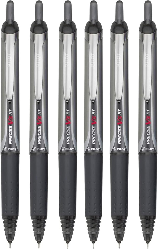 Precise V5 RT Retractable Rolling Ball Pens, Extra Fine Point (.5mm), Black Ink, 6-pk; Premium Comfort Grip, Bundle with Plastic Reusable Pouch