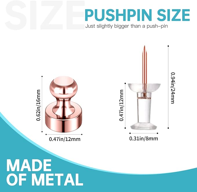 Pack of 8 Rose Gold Pink Push Pins Ideal Whiteboard Refrigerator Magnets - Adult Small Strong Magnets for Kitchen Classroom Office