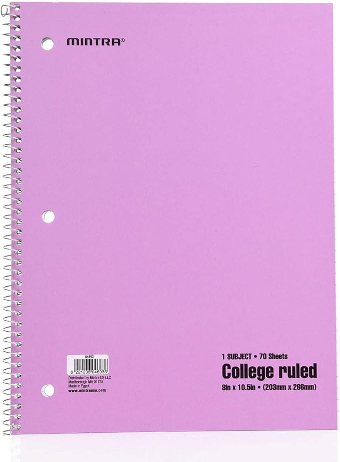 Mintra Office Spiral Notebooks - 1 Subject, 70 Sheets, College Ruled, 8in x 10in, Bulk Pack, Pastel Covers, Set of 6 - for School, Office, Business, Professional (04693)