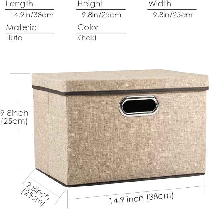PRANDOM Collapsible Storage Cubes with Lids [1-Pack] Jute Fabric Foldable Storage Boxes Organizer Containers Baskets Bins with Cover for Home Bedroom Closet Office Nursery (14.9x9.8x9.8)