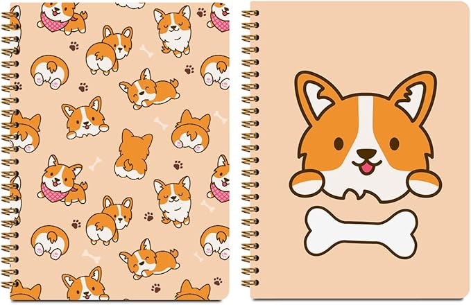 2 Pcs Dog Spiral Notebooks for Work, A5(8.3x5.8inch) Composition Notebook College Ruled Note Book, Corgi Notepads Lined Travel Journal for Writing, Cute Puppy Print Diary Gifts for Women Dog Lovers