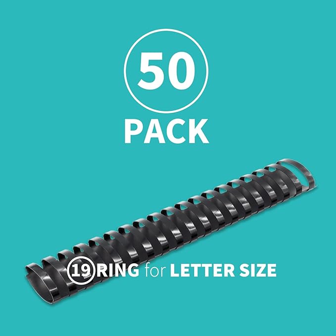Binditek 50 Pack Plastic Binding Comb Spines, 1-3/8 Inch Diameter, 280 Sheet Capacity, 19 Ring, for Letter Size, Black, for Students and Coworkers