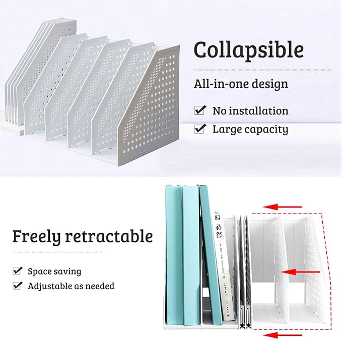 Lemical Magazine Holder 4 Vertical Compartments Collapsible Magazine File Holder Space Saving Rack Home Kitchen Desk Organizer No Need Assemble Gray