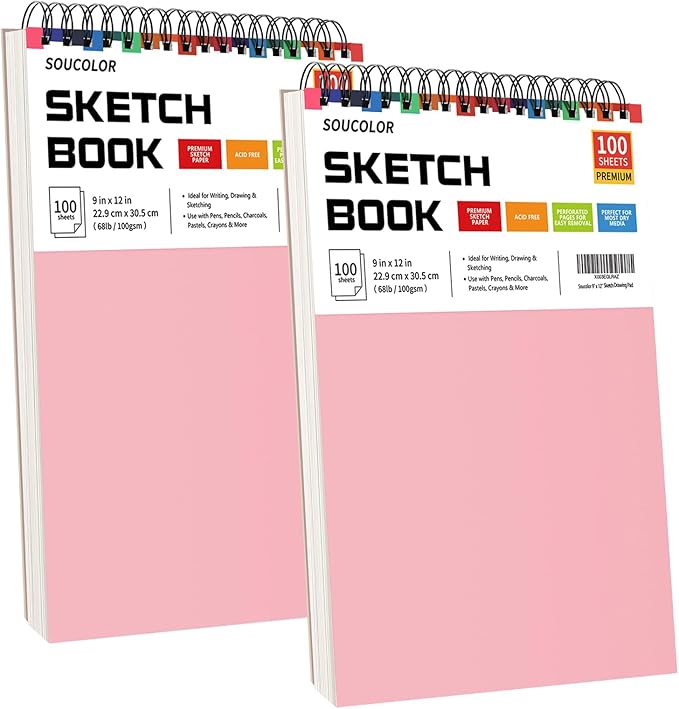 Soucolor Art Supply Set - Sketching & Drawing Kit, 9" x 12" Sketch Book, 2-Pack 100 Sheets Spiral Bound Art Sketchbook, Acid Free