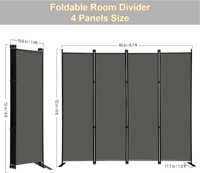 MAYOLIAH 4 Panel Room Divider Screen 6Ft Tall Foldable Privacy Dividers Indoor Wall Partition Room Separator Grey