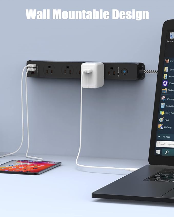 Surge Protector Power Strip with USB C Ports, 10FT Braided Extension Cord, 5 Outlets and 3 USB Ports(1 USB C), AUOPLUS Mountable Power Strips Flat Plug with Overload Protection