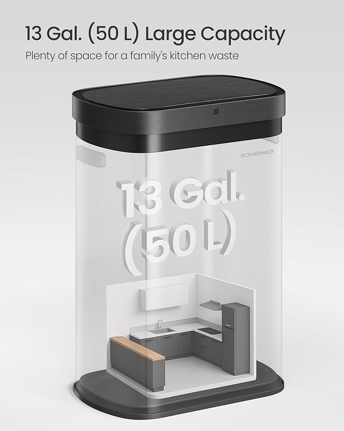 SONGMICS Motion Sensor Trash Can, 13-Gallon (50 L) Automatic Garbage Can with Soft Close Lid, Stainless Steel, Wave or Touch to Open, Includes 15 Bags, Ink Black ULTB640B01