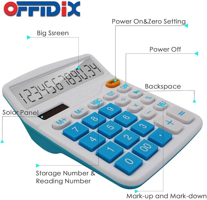 OFFIDIX Office Desktop Calculator, Solar and Battery Dual Power Electronic Calculator Portable 12 Digit Large LCD Display Calculator, Blue