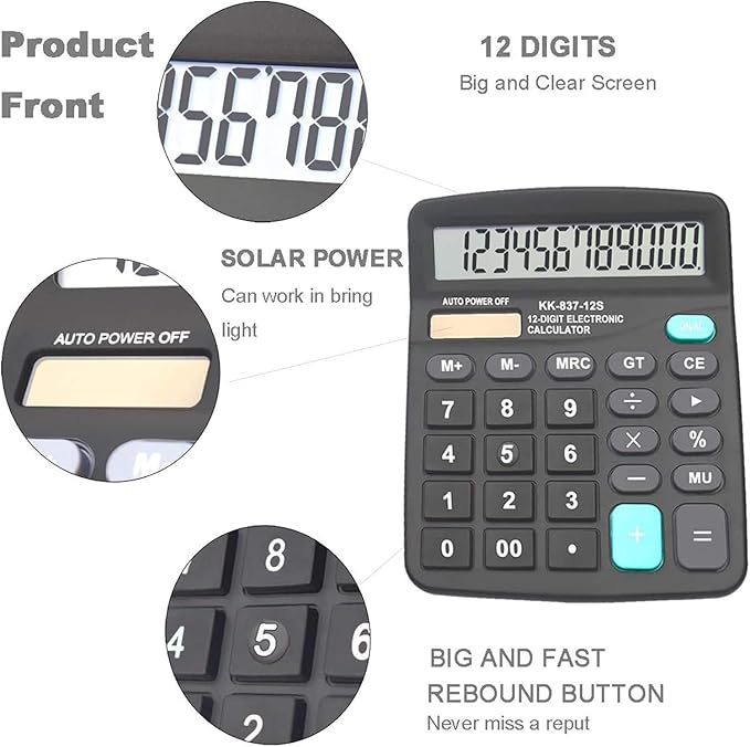 Calculators, Large Button Calculator with Angled LCD Display 12-Digit Dual Power Handheld Desktop Feature for Office, School, Home(Black, Pack of 5)