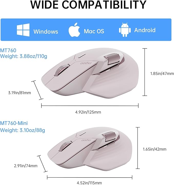 Rapoo MT760Mini Bluetooth Wireless Mouse - Bluetooth 5.0 and 2.4GHz Multi-Mode Connection, Support 4 Devices, M+ Cross Computer Technology, 11 Programmable Buttons,Pink