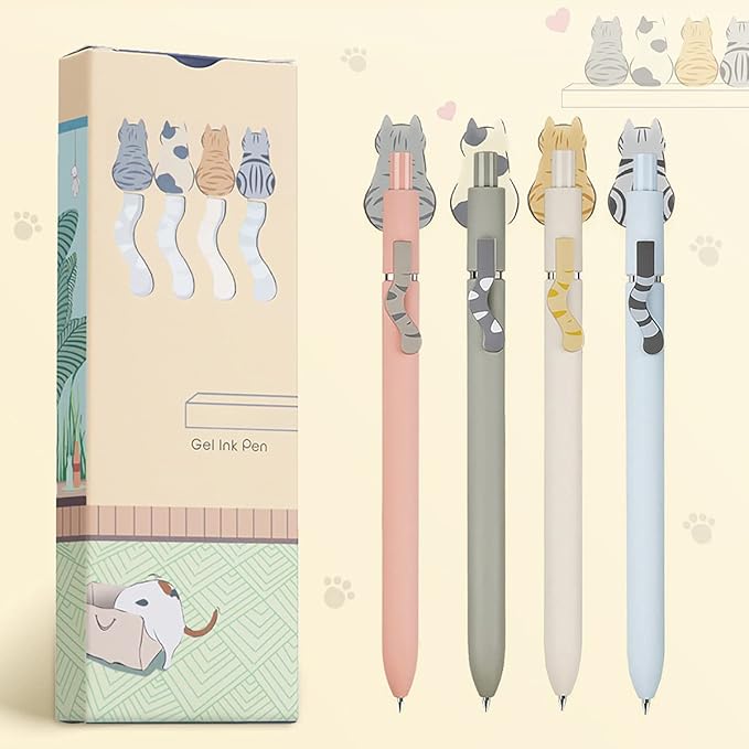 4PCS Cute Cat Retractable Gel Pens Set, Quick Dry Black Ink Fine Point Roller Ball Gel Ink Pen for Smooth Writing (Morandi Color)