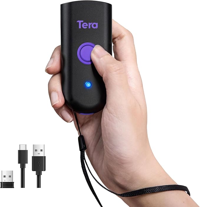 Tera Mini 1D Barcode Scanner: Pocket Waterproof Wireless Laser Scanner 3 in 1 Compatible with Bluetooth USB Wired Portable Bar Code Reader for Logistics Work with iOS Windows Android 1100L Purple